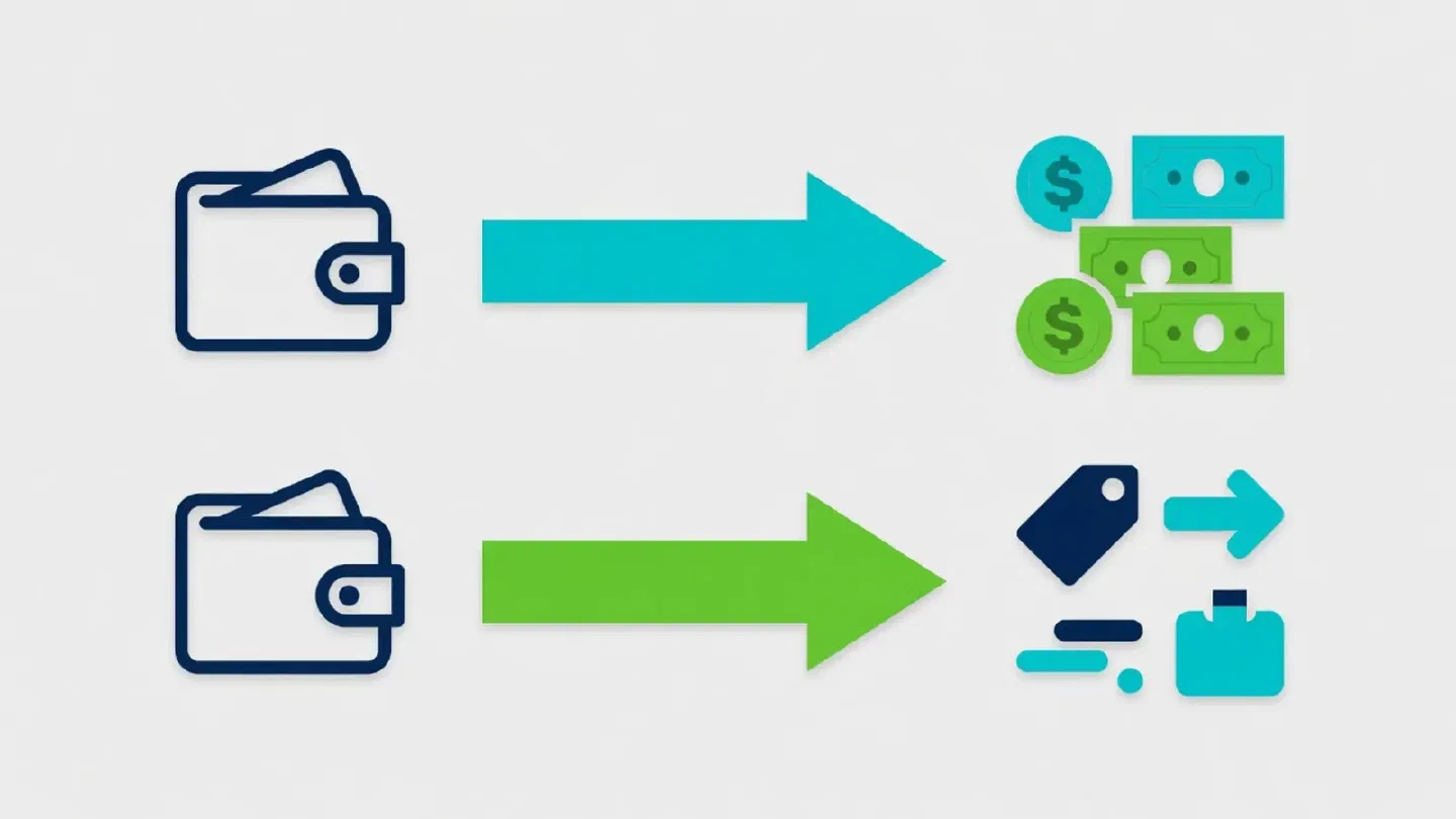 Illustration of money moving between a wallet and payment options